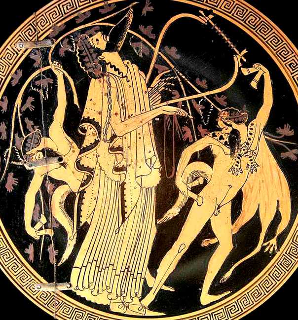 dessin de Dionysos avec les satyres