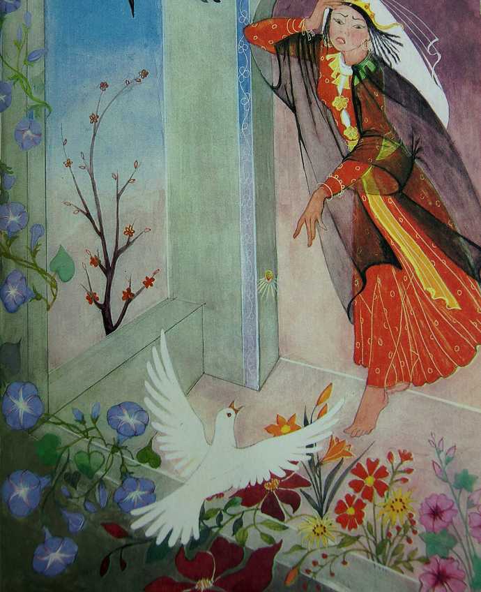 Femme orientale qui s'élance vers une colombe