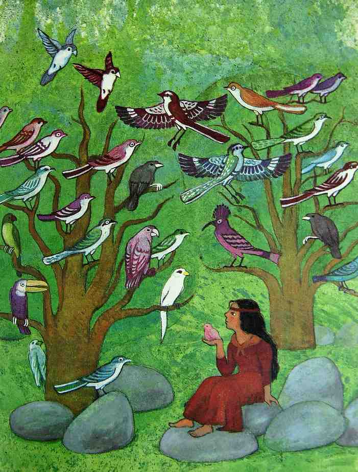 Jeune femme sous deux arbres ou sur chaque branche se tient un oiseau